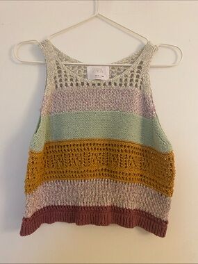 Zara Crochet-Striped Knit Tank Top in Mint, Mustard & Mauve